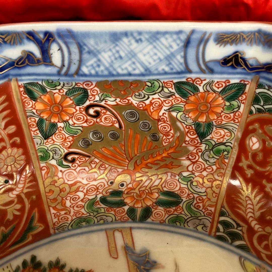 古伊万里　色絵金彩　八角鉢　龍鳳神獣蝶鹿竹林人物図　富貴長春　江戸期