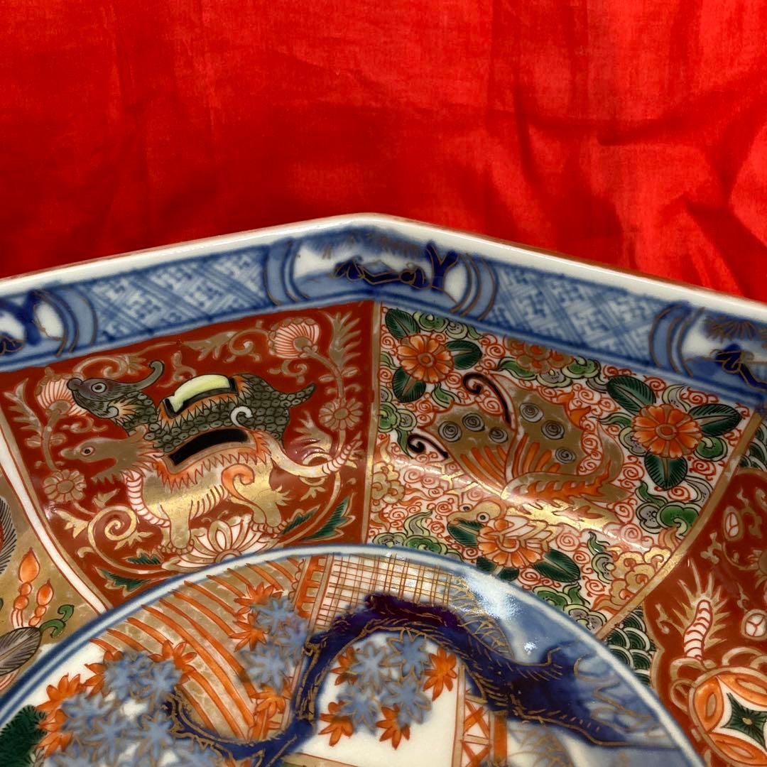 古伊万里　色絵金彩　八角鉢　龍鳳神獣蝶鹿竹林人物図　富貴長春　江戸期