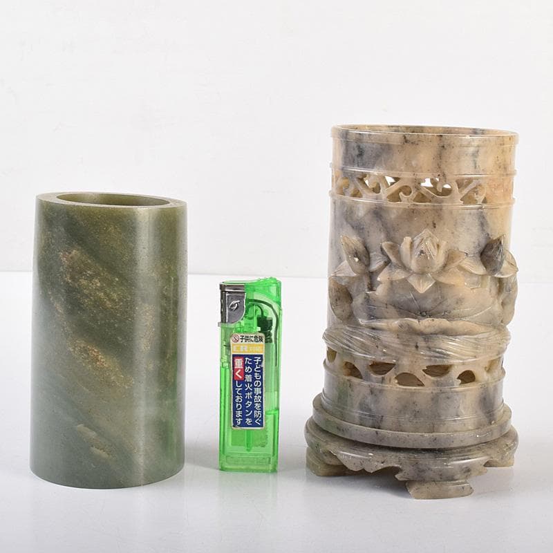 中国　玉石彫刻　蓮刻　玉器　筆筒　二点まとめて　C　R7634