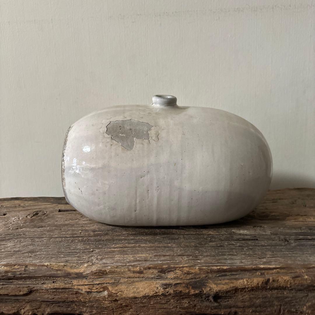 古民藝　平清水焼　灰白釉掛　古道具　アンティーク　花器　骨董　古陶磁　検:李朝