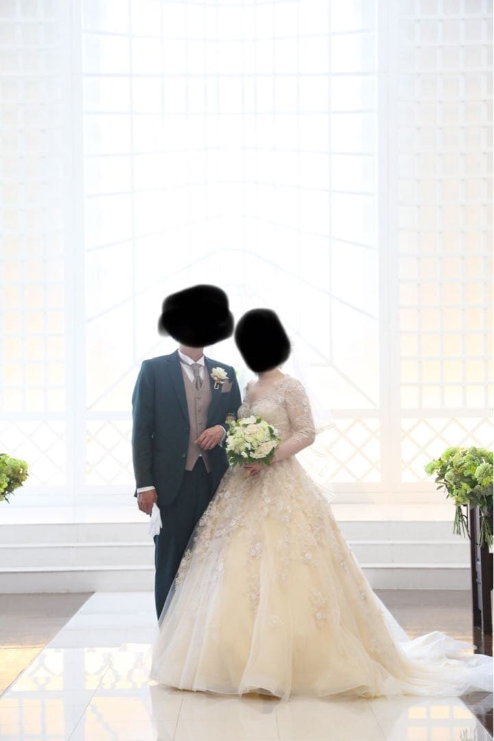 アイボリー　刺繍入り 長袖ウェディングドレス　フォトウェディング