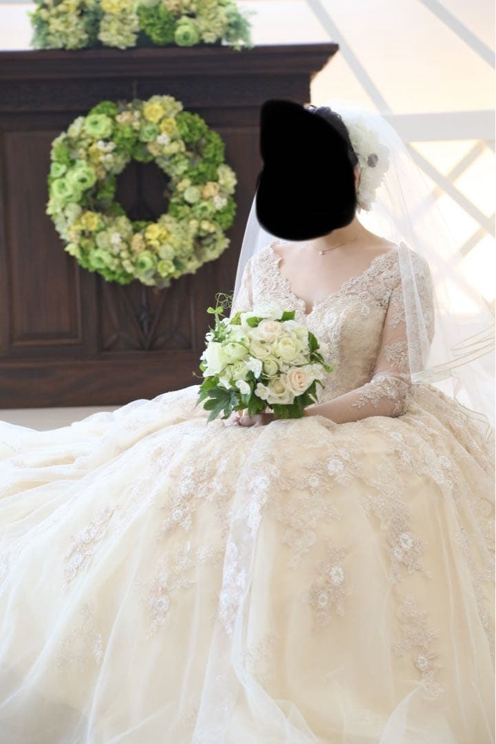 アイボリー　刺繍入り 長袖ウェディングドレス　フォトウェディング