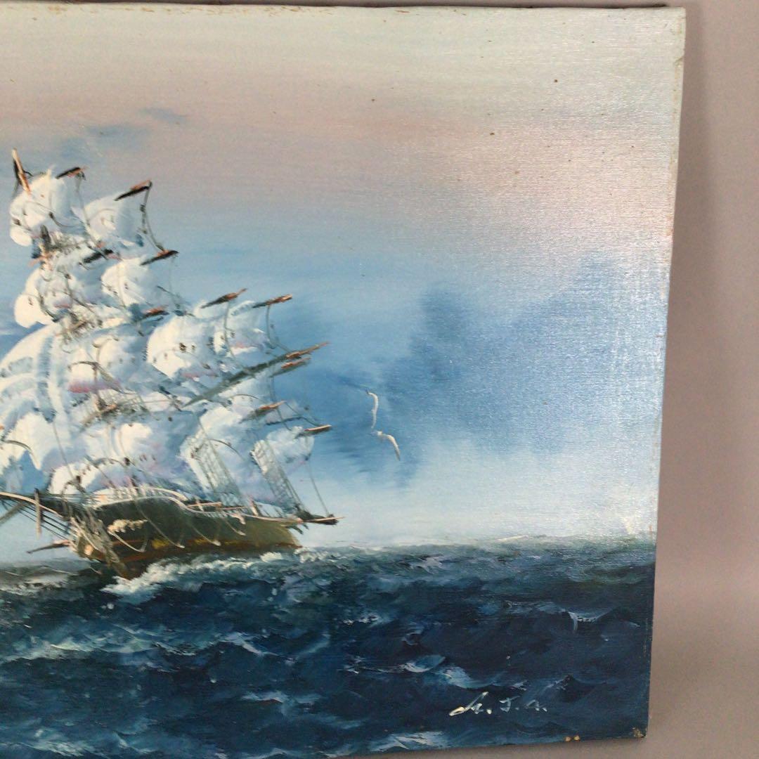 No4800 額装　油彩画　朝日　帆船　直筆サイン　箱付　絵画　美術　送料無料