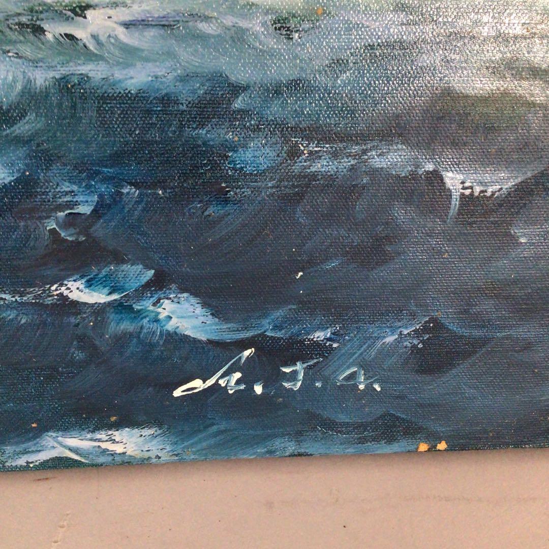 No4800 額装　油彩画　朝日　帆船　直筆サイン　箱付　絵画　美術　送料無料