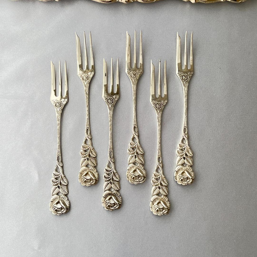 【ANTICO】 ヒルデスハイムローズ ケーキフォーク 6本【純銀】 12cm