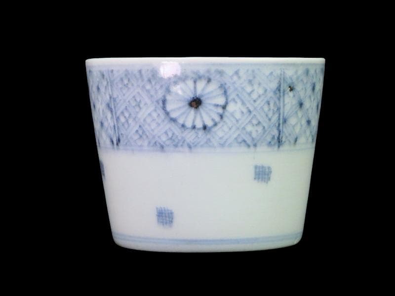 古伊万里　染付　四方襷紋に菊花の図　蕎麦猪口　A666AS-fbto