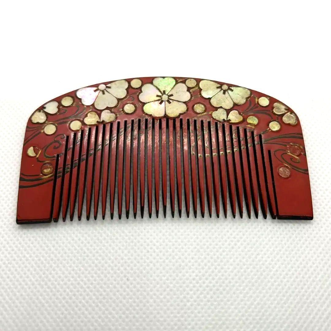 江戸末期　赤い花柄の漆器櫛