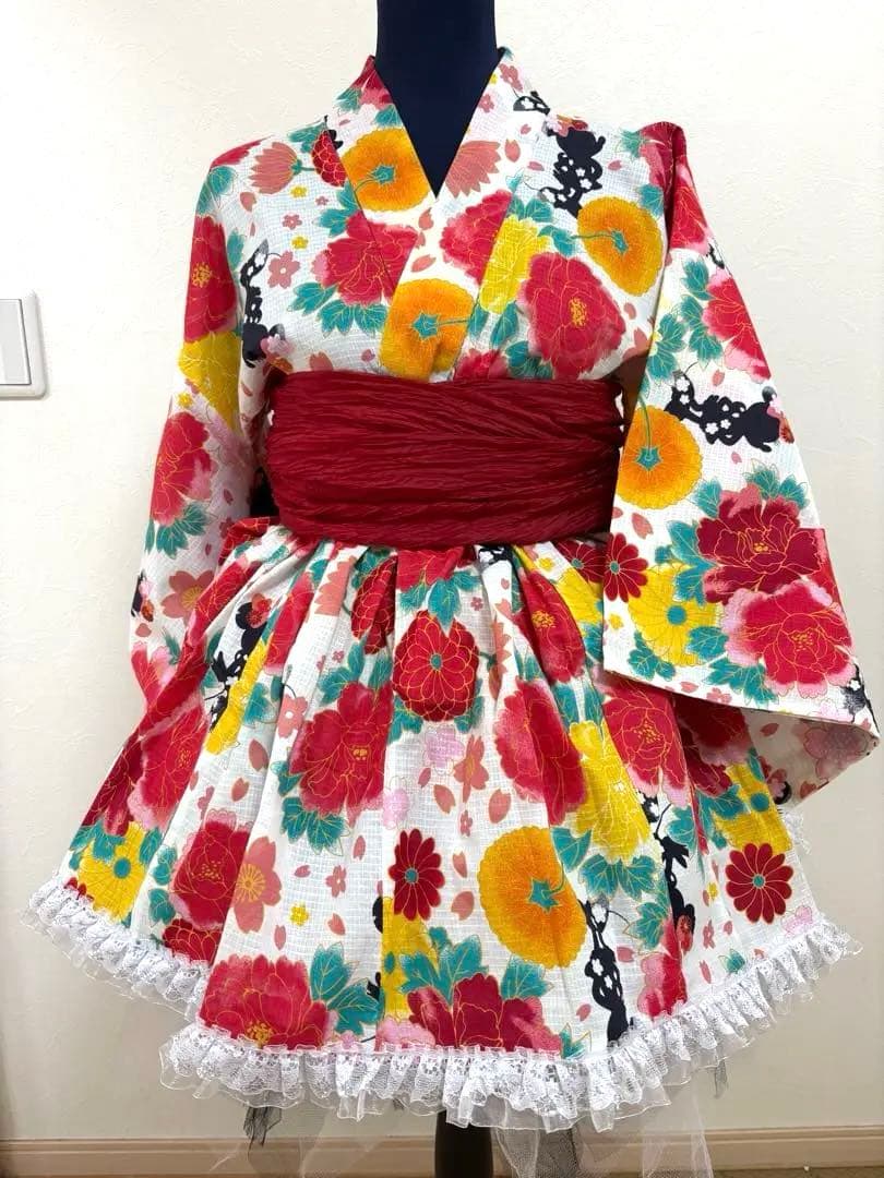 【創作】オリジナル浴衣 ミニ丈 ドレス浴衣ディズニー柄　兵児帯セット