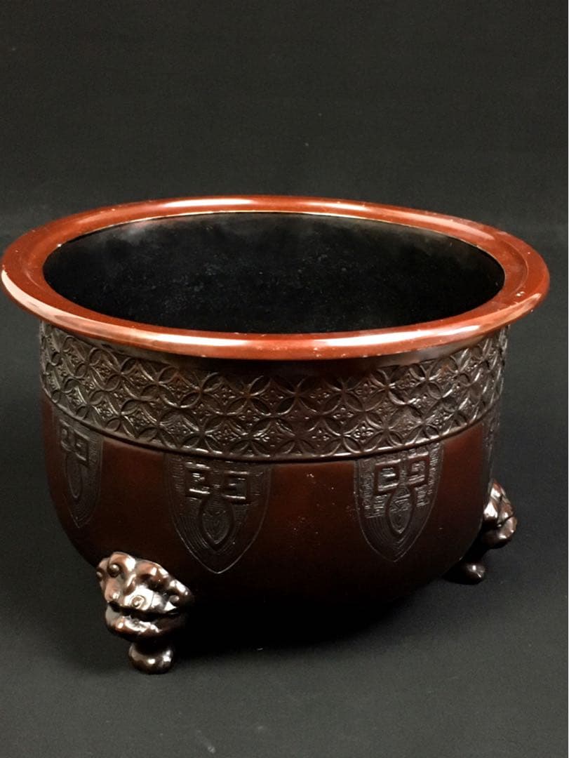 S26唐銅風炉師 福島宗秀 唐銅帯七宝菖蒲紋瓶掛・共箱・茶道具