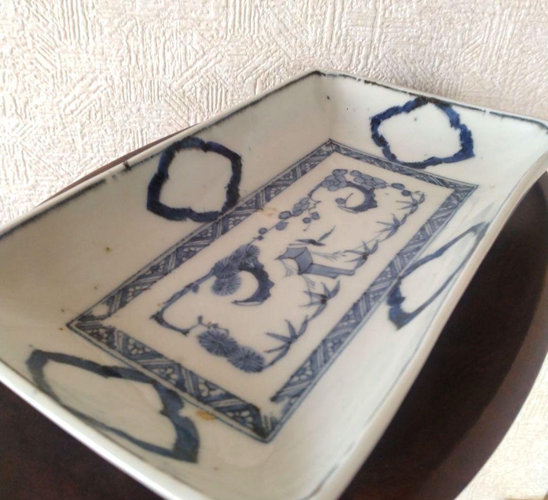 古伊万里染付白抜き木瓜文長皿江戸時代成化年製