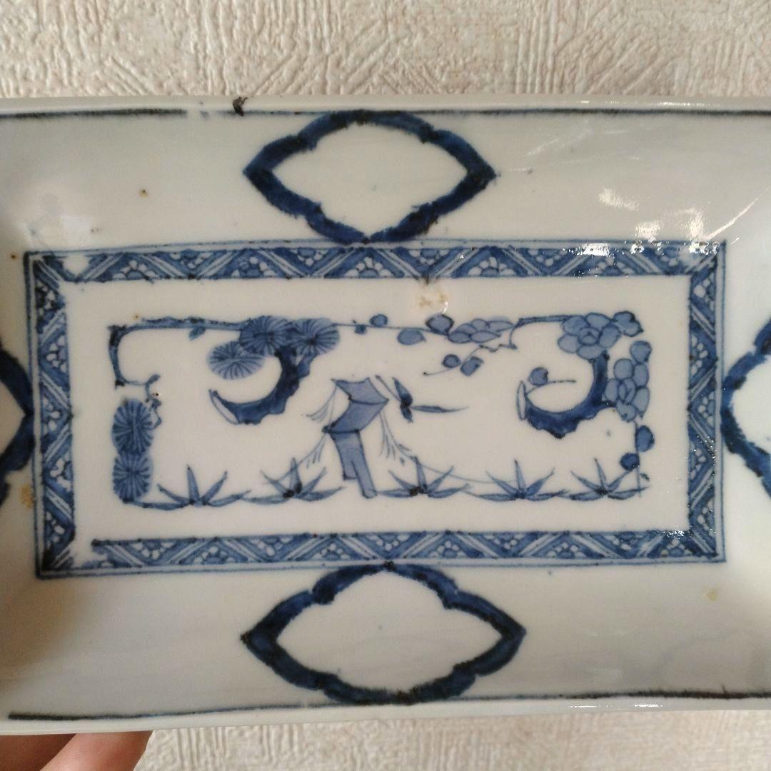 古伊万里染付白抜き木瓜文長皿江戸時代成化年製