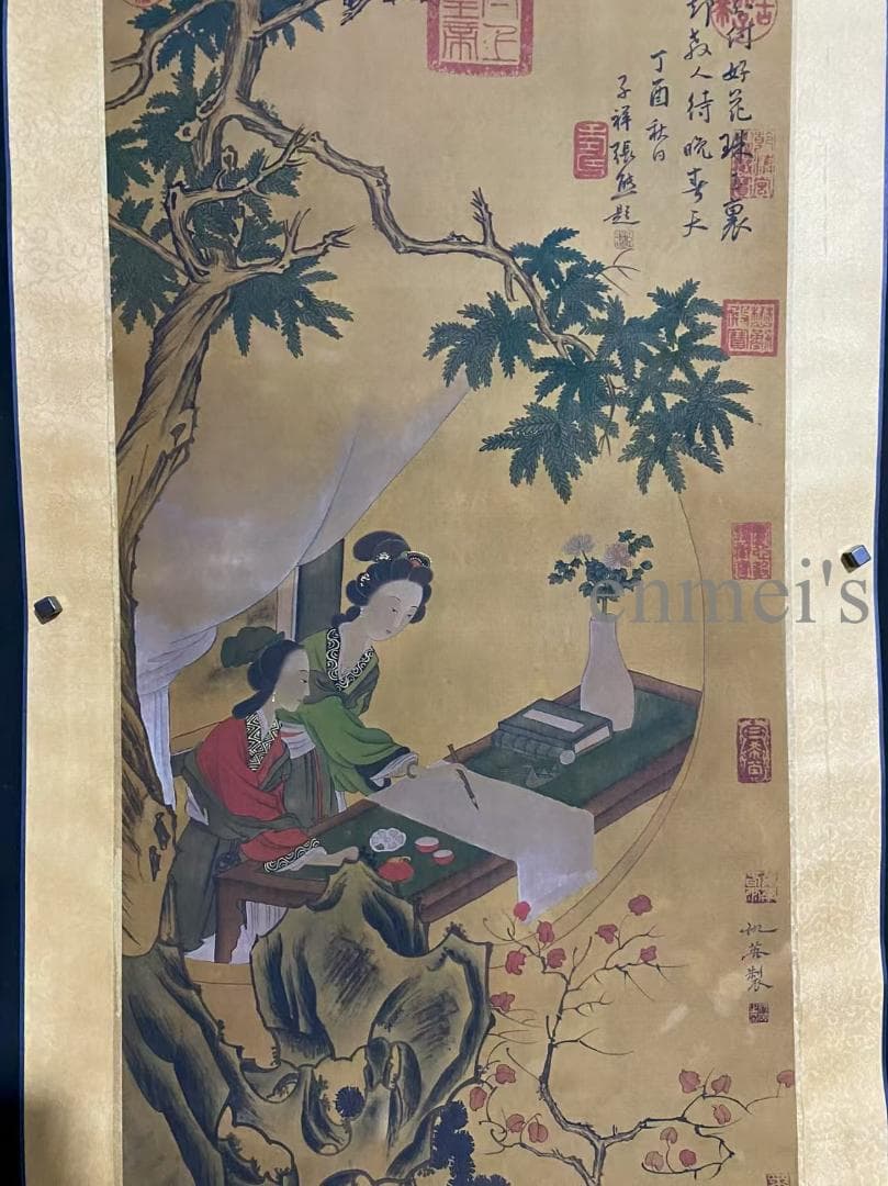 中国古美術 明代 仇英款 仕女人物画 掛軸 絹布 唐物 水彩画 名家書画 肉筆