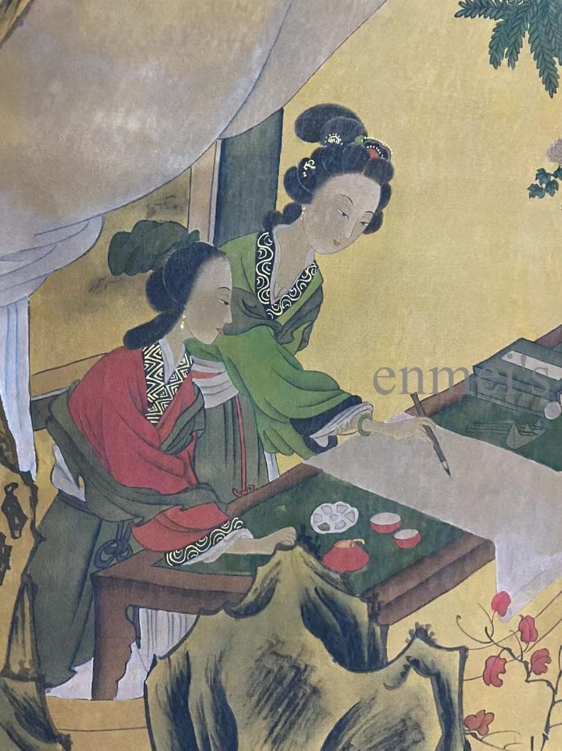 中国古美術 明代 仇英款 仕女人物画 掛軸 絹布 唐物 水彩画 名家書画 肉筆