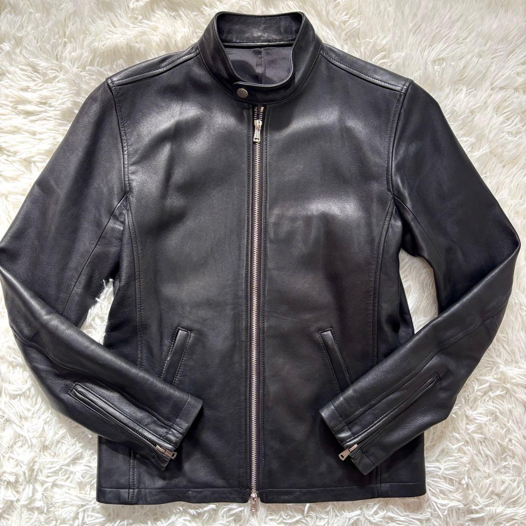 【極美品】羊革 SHIPS ラムレザー シングル ライダースジャケット 光沢黒