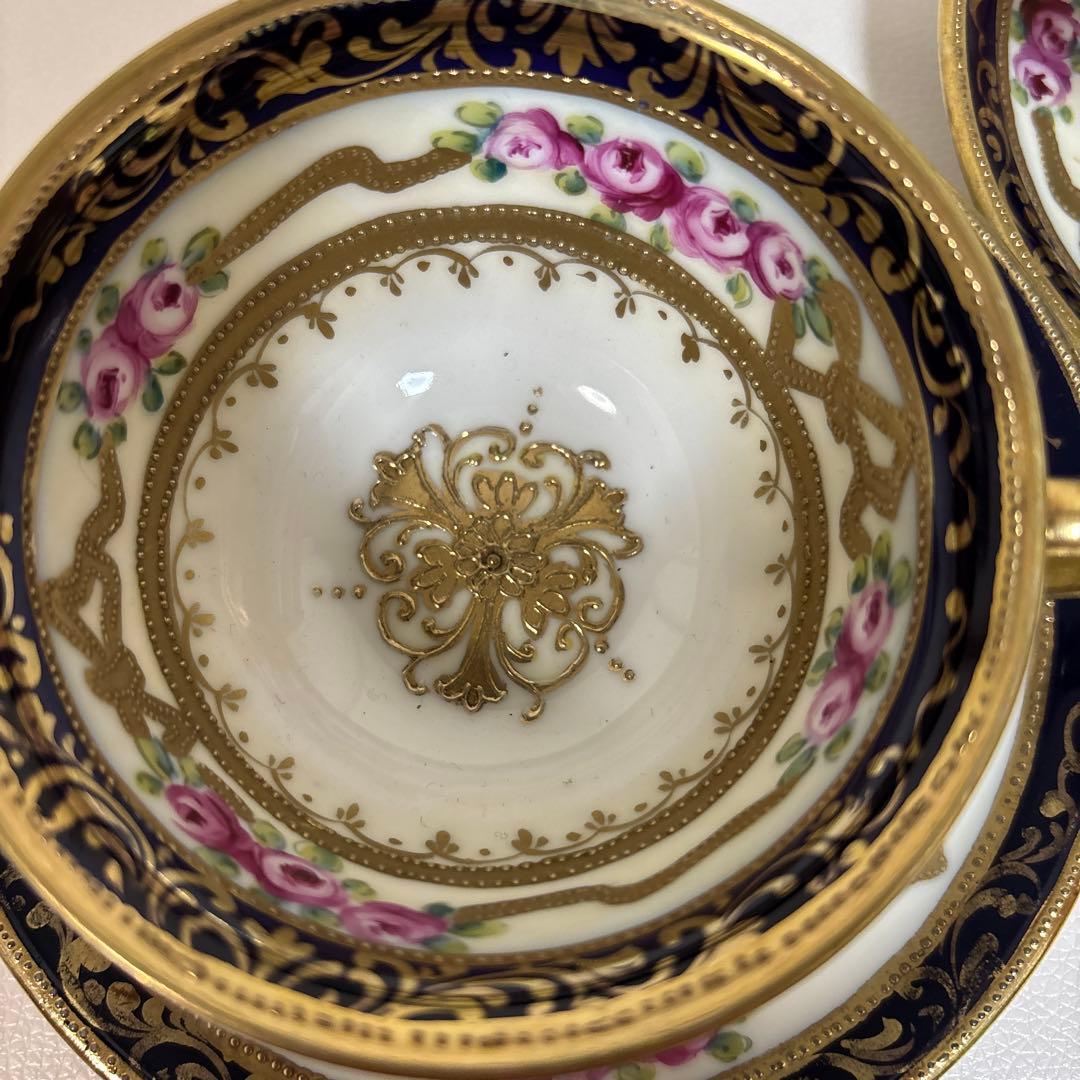 オールドノリタケ 金盛上・コバルト薔薇図紋　カップソーサー2客セット