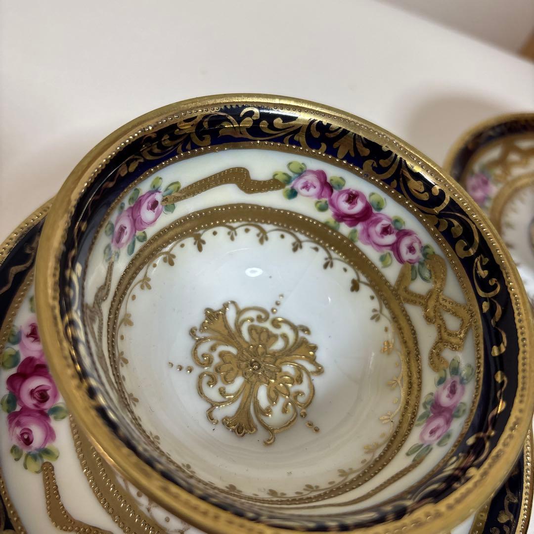 オールドノリタケ 金盛上・コバルト薔薇図紋　カップソーサー2客セット