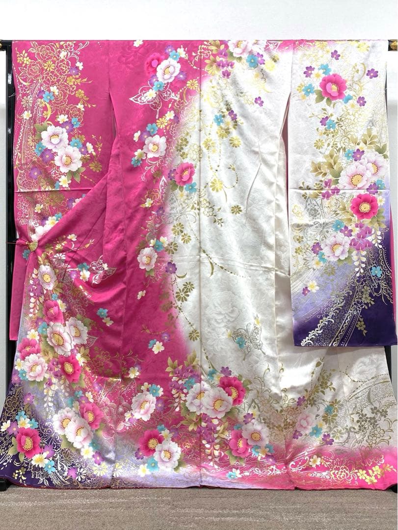 振袖 仮絵羽 ラメ刺繍 金彩 紋意匠 正絹 未仕立て品 八掛付き