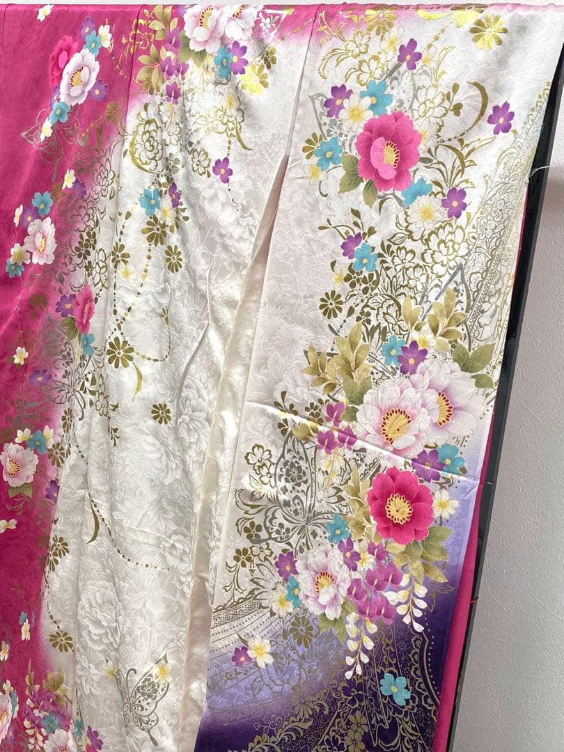 振袖 仮絵羽 ラメ刺繍 金彩 紋意匠 正絹 未仕立て品 八掛付き