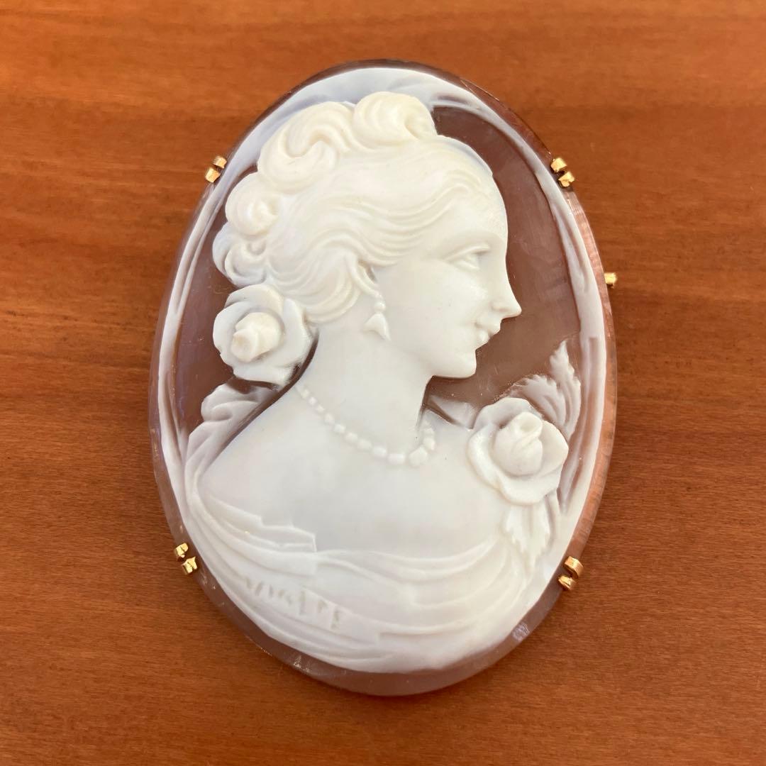 K18 シェルカメオ ブローチ、ペンダントトップ兼用