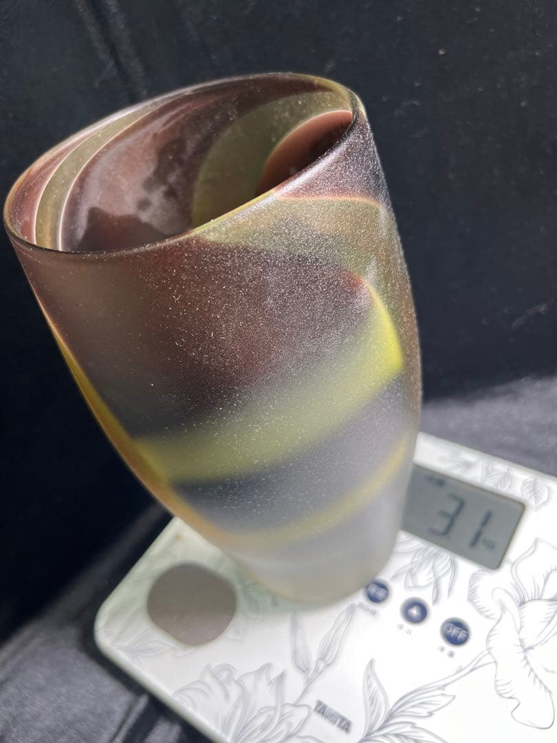 アンティーク 希少時代物昭高級ガラス側梨地加工花瓶ガラス23.5x11.5cm