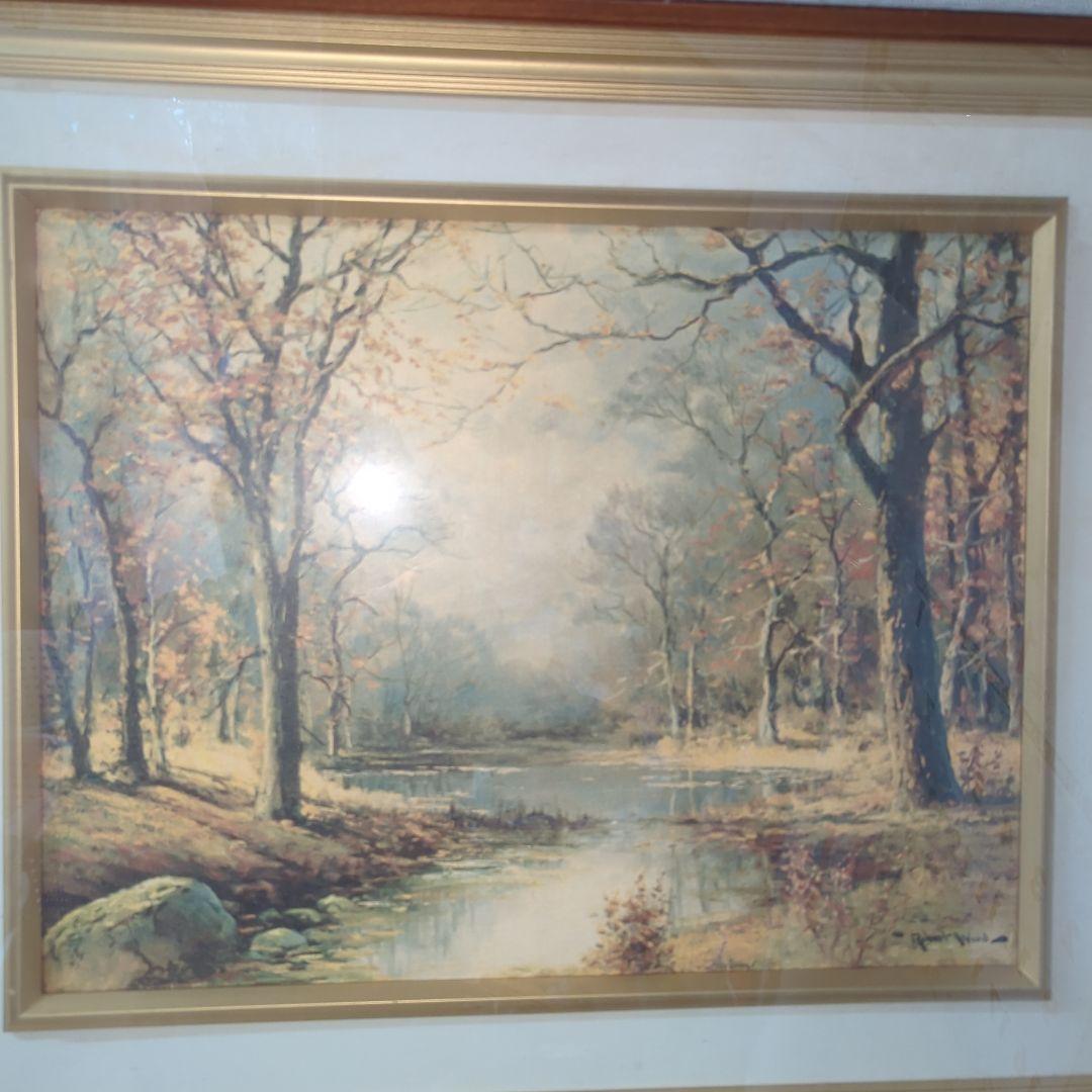 秋の風景画 水彩画 木製フレーム付き