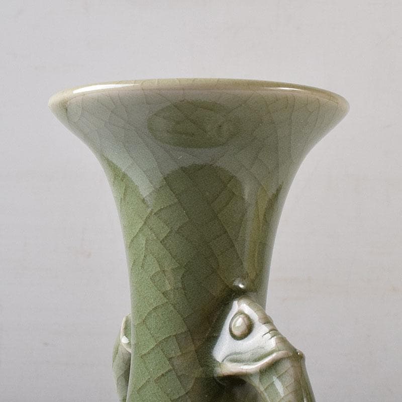 中国　龍泉窯青磁　双獣耳花瓶　時代箱　V　R8314