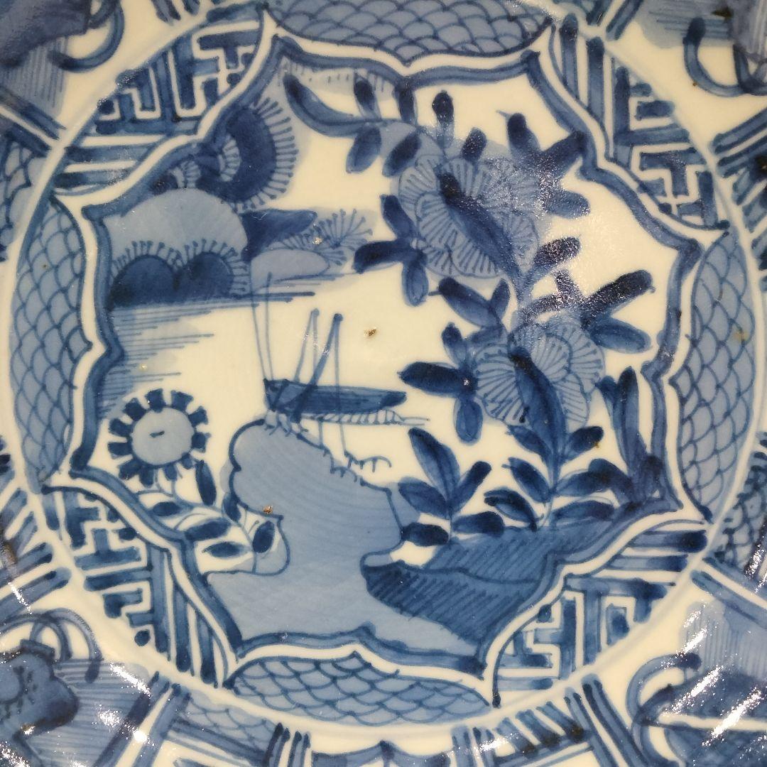 u348-6　中国 清朝期 古染付 芙蓉手 飛蝗文大皿 時代唐物　Q