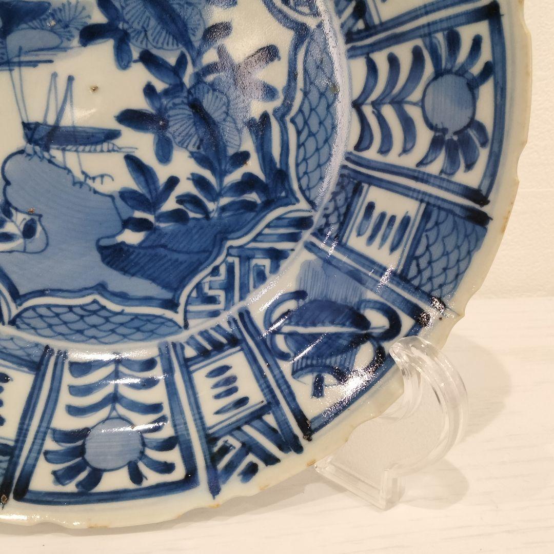 u348-6　中国 清朝期 古染付 芙蓉手 飛蝗文大皿 時代唐物　Q