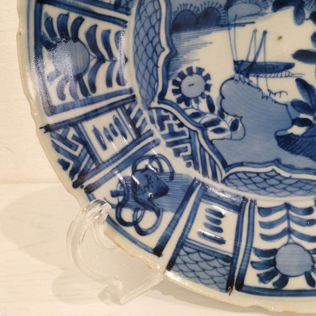 u348-6　中国 清朝期 古染付 芙蓉手 飛蝗文大皿 時代唐物　Q