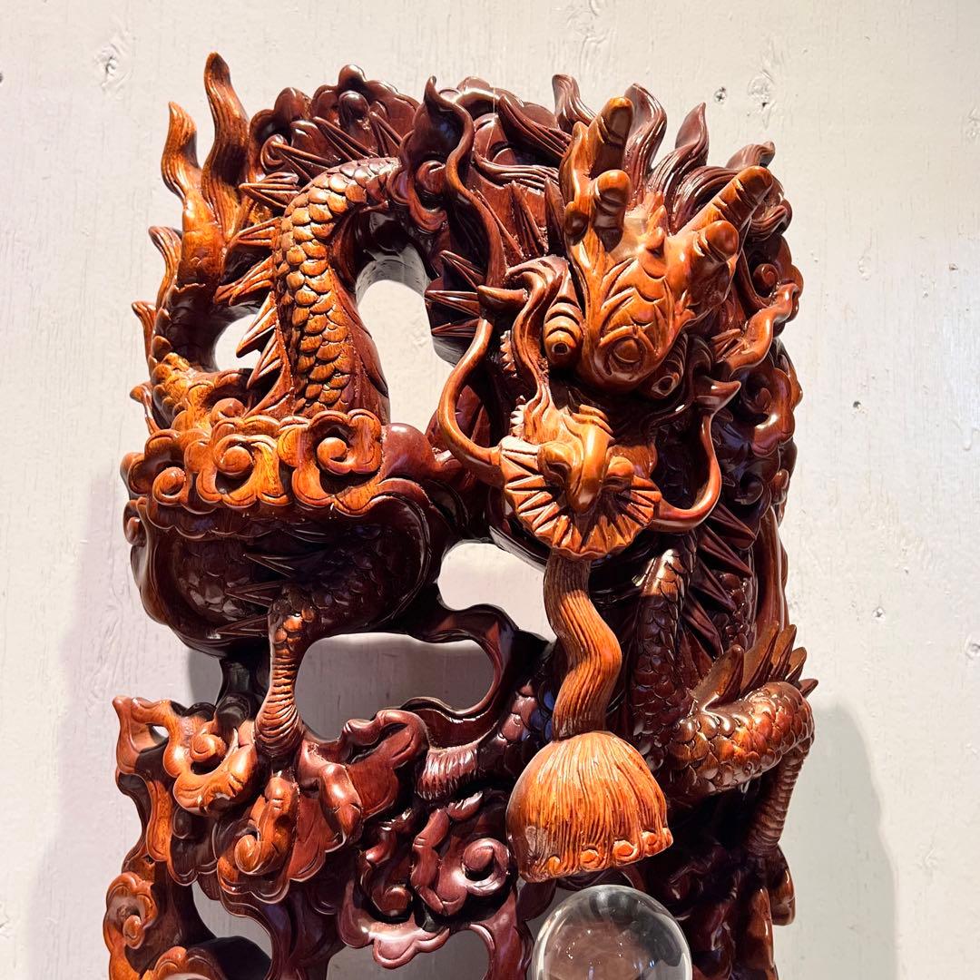 一点もの　開運 龍神 龍 木彫り 双龍 置き物　昇り龍　インテリア　工芸品
