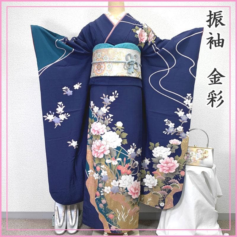 511z50.410y11.小物類〇振袖 金彩 牡丹 桜 熨斗 紺色〇美品