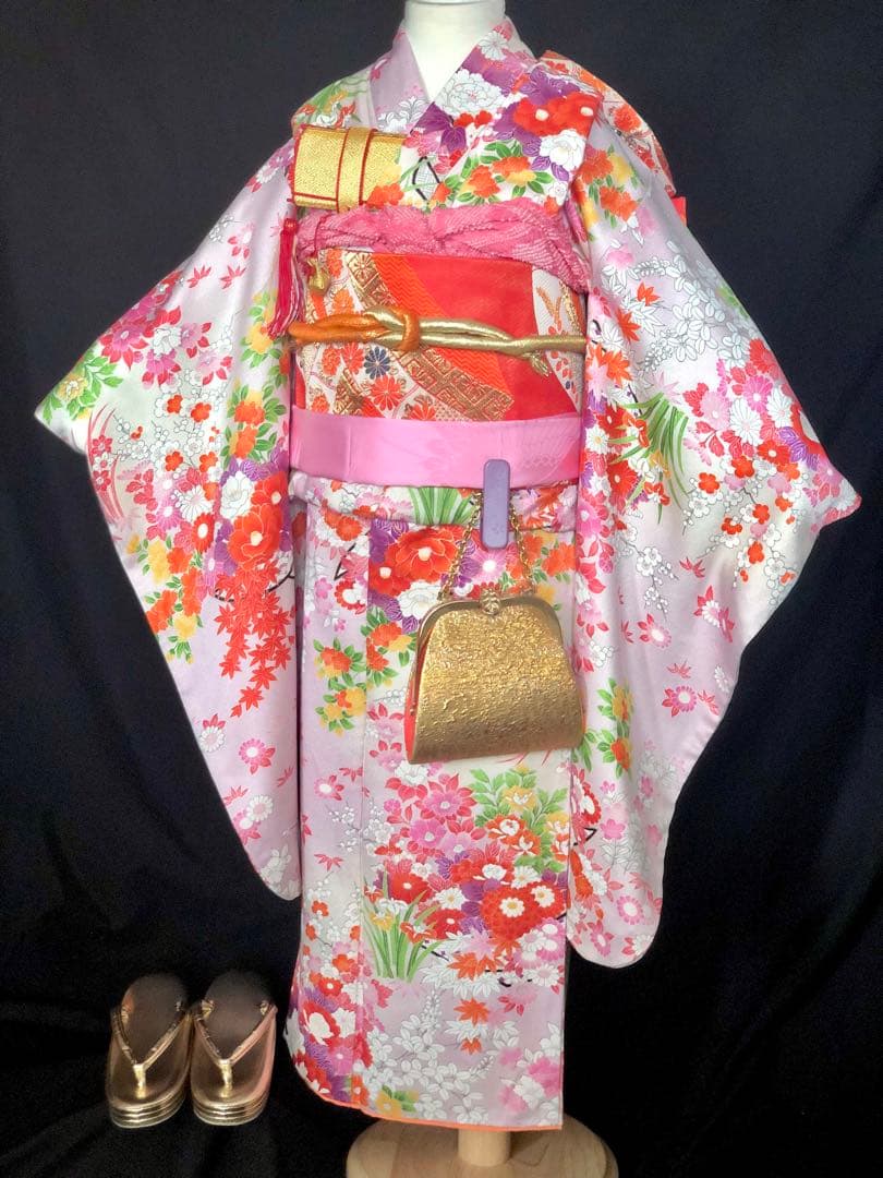 七五三　7歳　着物　作り帯　セット　女の子　7才　アンティーク　薄紫　四つ身