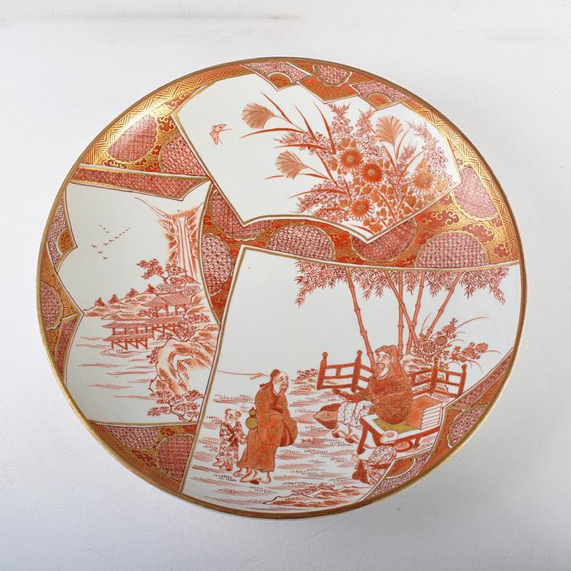 九谷焼　加賀九谷　清水美山堂造　赤絵金彩　人物花文　大皿　飾皿　M　R6141C
