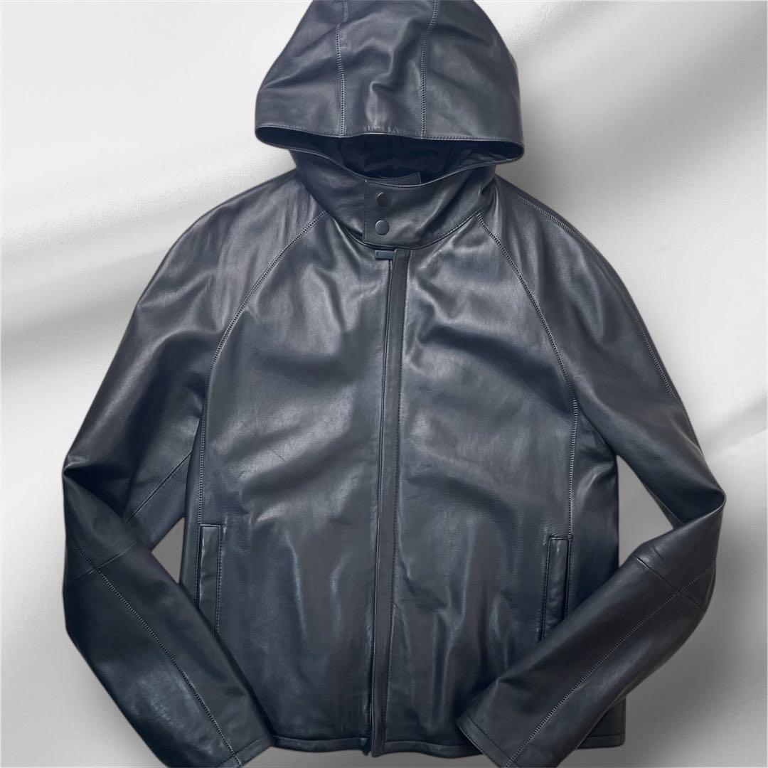 美品 エンポリオ アルマーニ レザージャケット 黒タグ フード付 羊革 48Sz