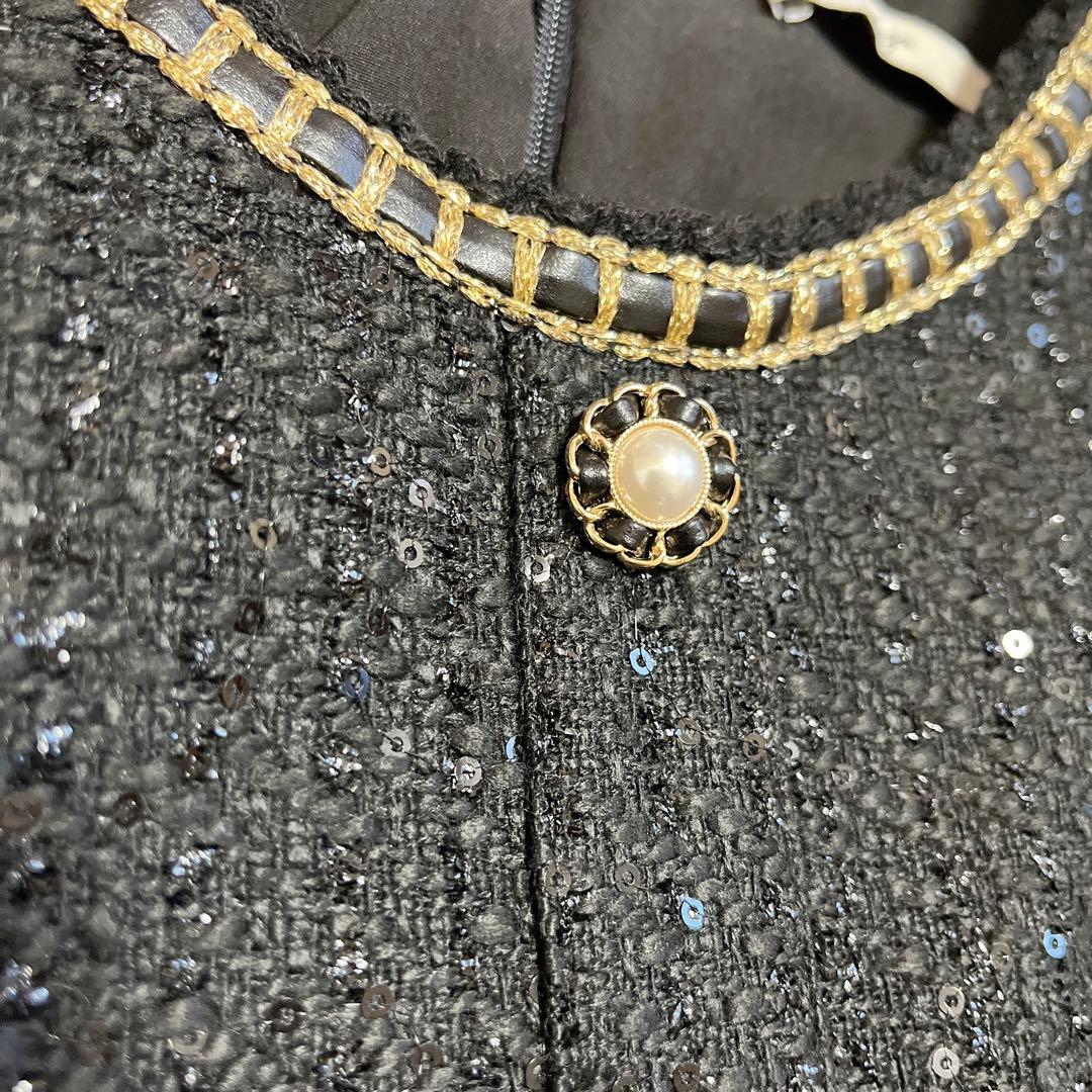 Leja (M) ラメ混ツイードレザーパイピングパール釦スパンコールマーメイド