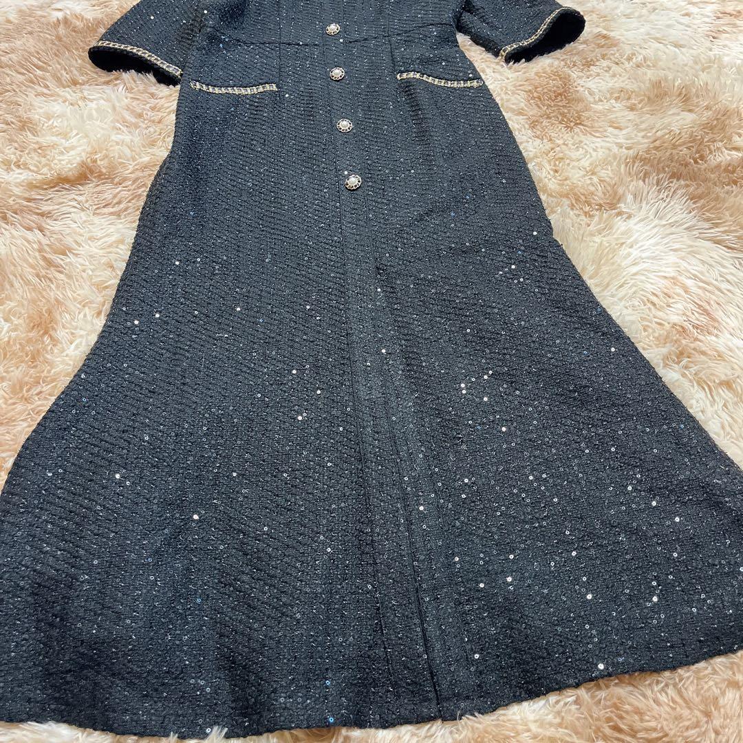 Leja (M) ラメ混ツイードレザーパイピングパール釦スパンコールマーメイド