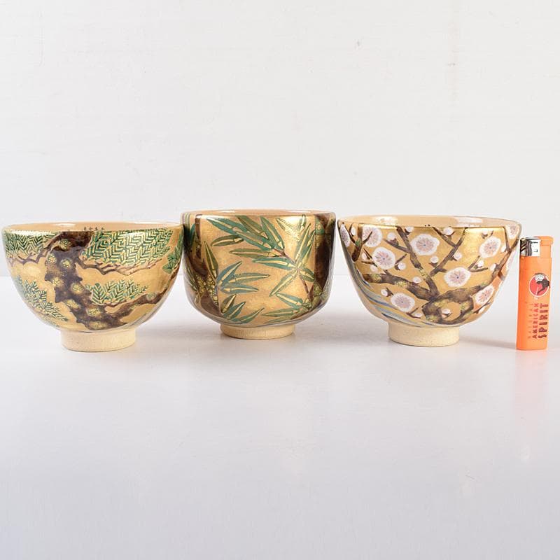 ハニー　九谷焼　田村敬星造毛筆細字参和歌集松竹梅茶碗　三点　UR7677B