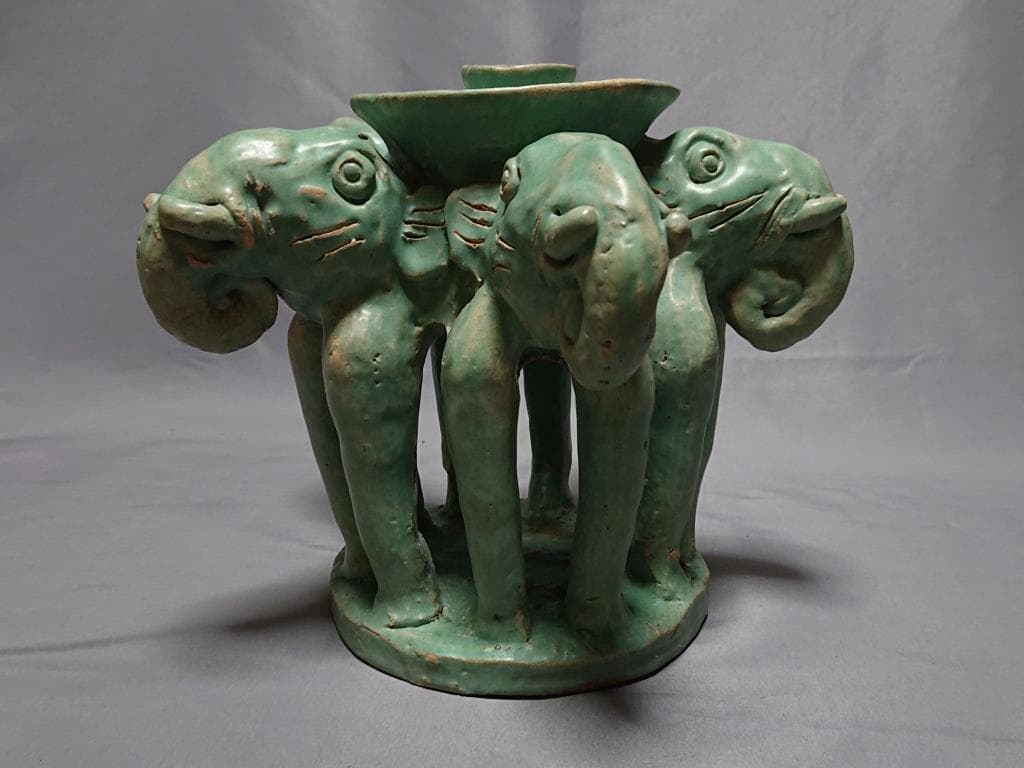 コレクター収集　　ミヤンマー　モン族　緑釉　五象燭台　15～16世紀