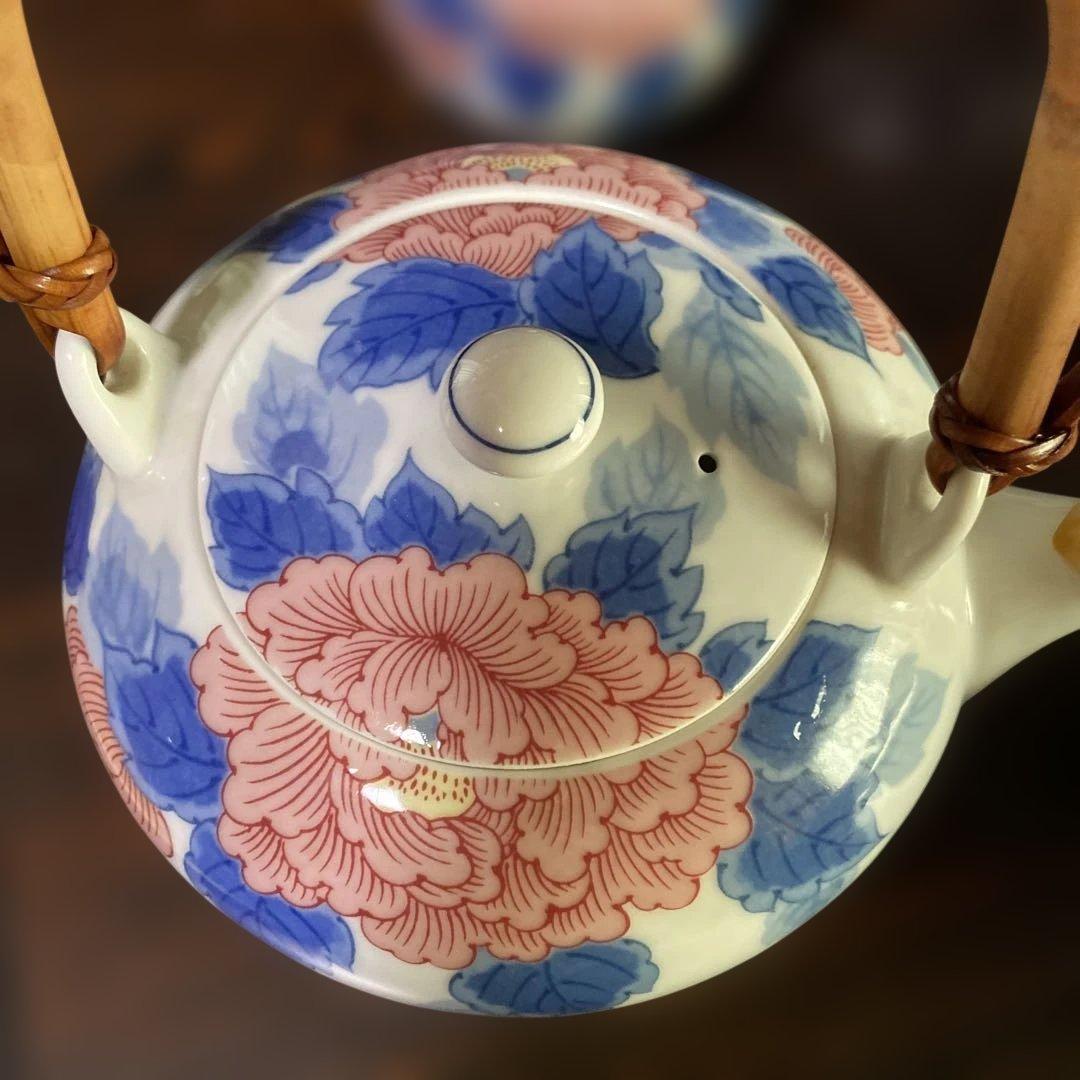 有田焼　有田有陶作　色牡丹絵柄　急須と蓋付き湯呑み10セット