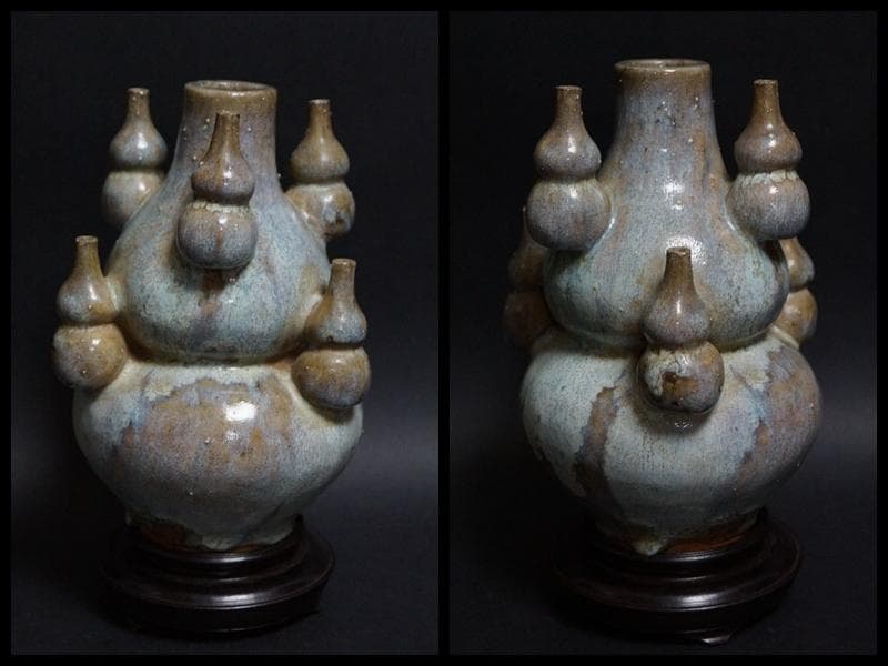 民国期 鈞窯 瓢箪形瓶 流れ釉飾壺 時代物 置台付 共箱付