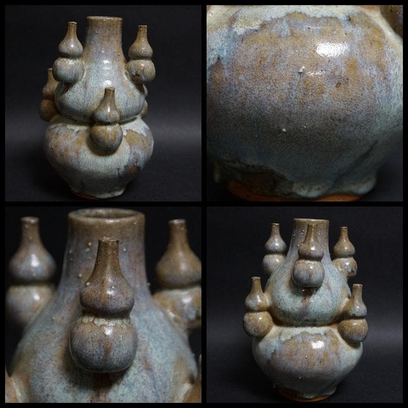 民国期 鈞窯 瓢箪形瓶 流れ釉飾壺 時代物 置台付 共箱付