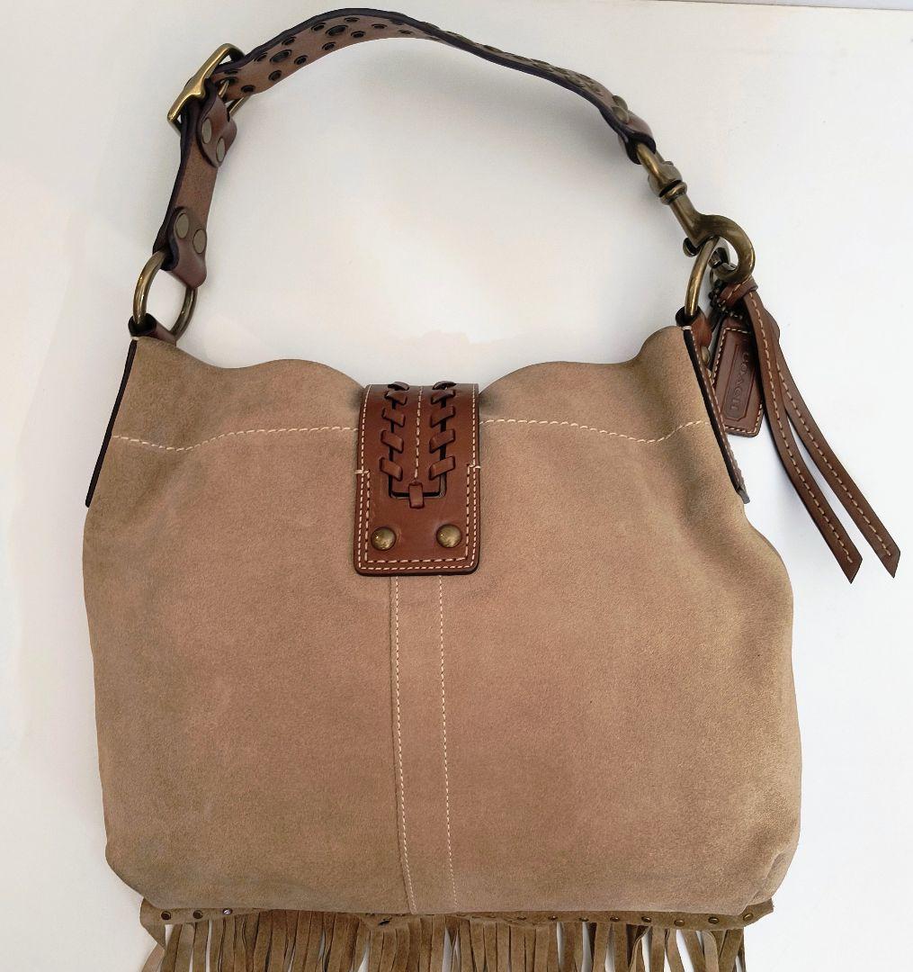 COACH　コーチ　美品　ベージュ スエード フリンジ ショルダーバッグ