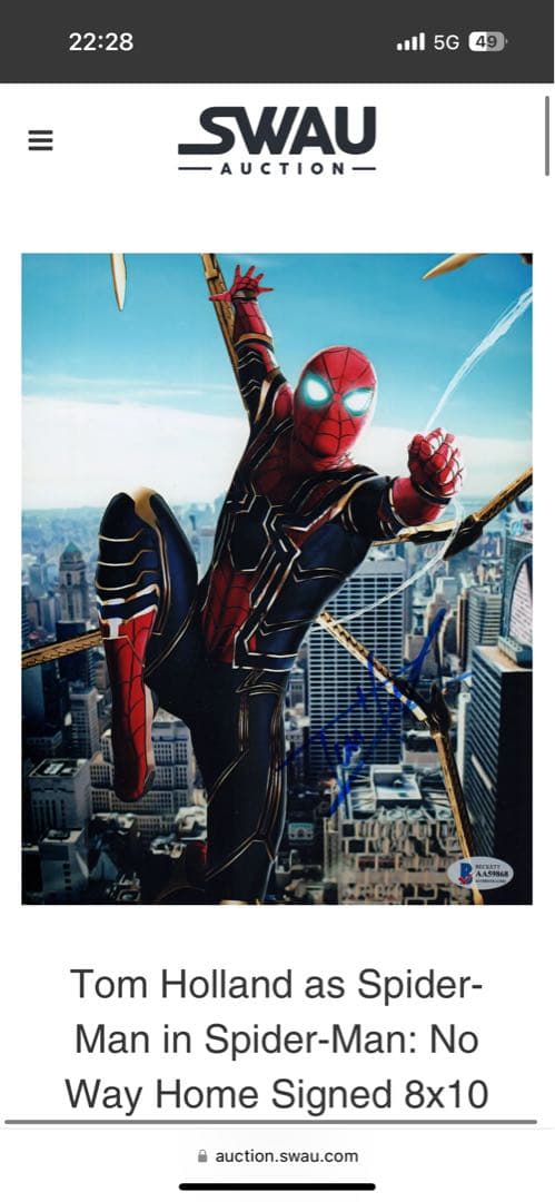 トムホランド　直筆サイン入り写真　SWAU Beckett