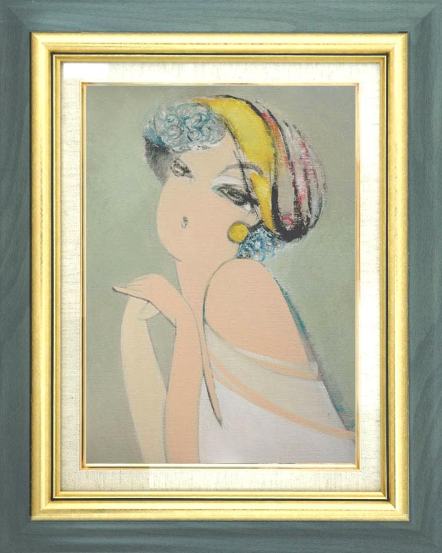 油絵 菅家令子 絵 絵画インテリア額付(青緑＋金色の枠) F6-082811女性