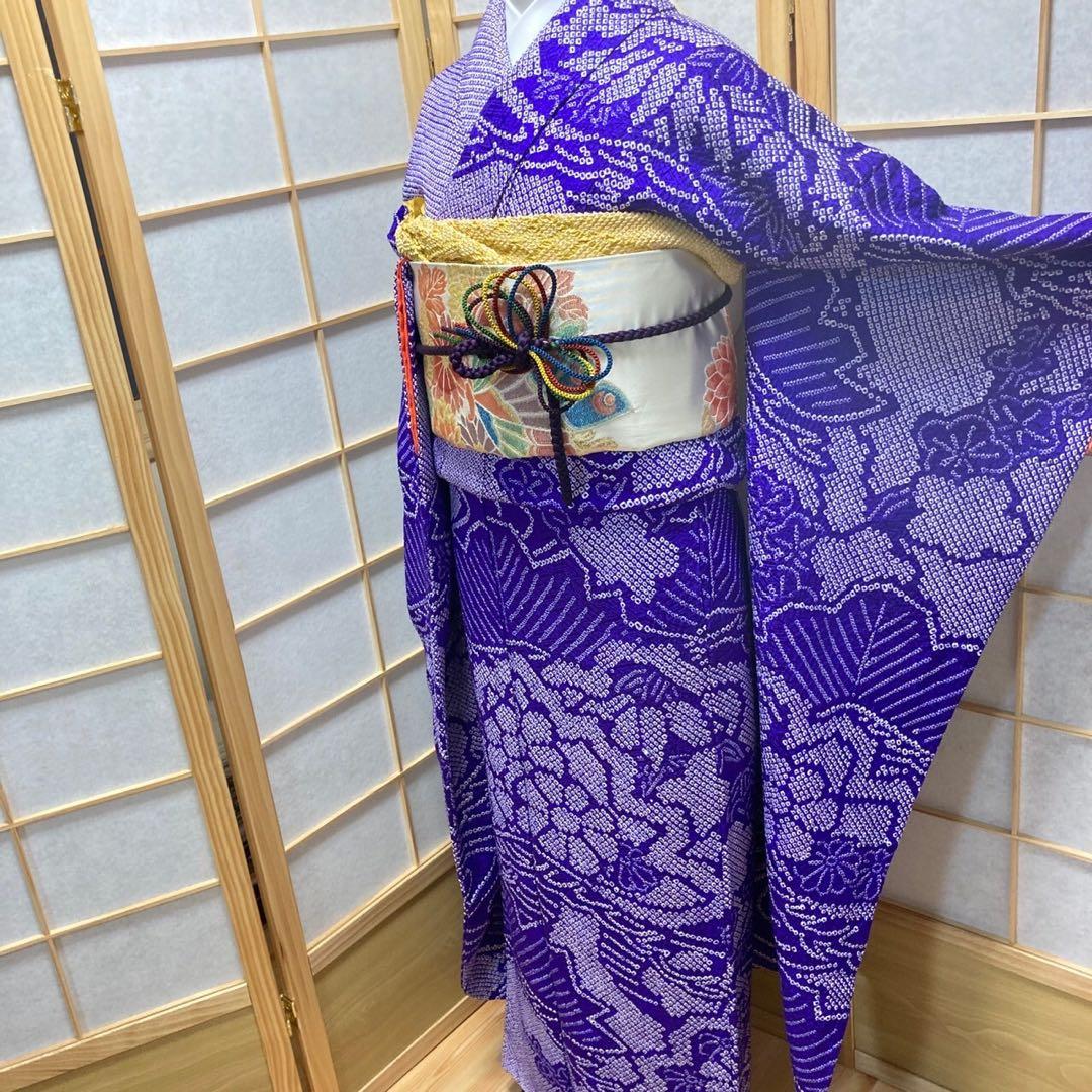 ［9166］振袖 4点セット 総絞り 成人式 着物 袷 正絹 卒業式 紫 逸品