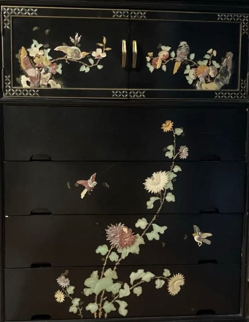 黒塗　螺鈿箪笥　玉石木製箪笥　花鳥装飾 4段　開戸１段