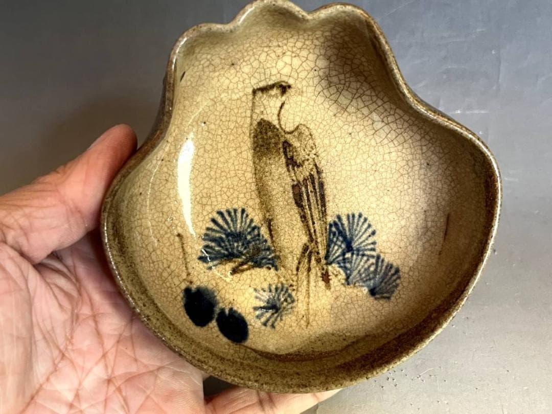 小鉢■古い鉢 鷹の図 絵瀬戸 鳥紋 瓢箪型 アテ皿 貫入皿 酒器時代物 骨董品■