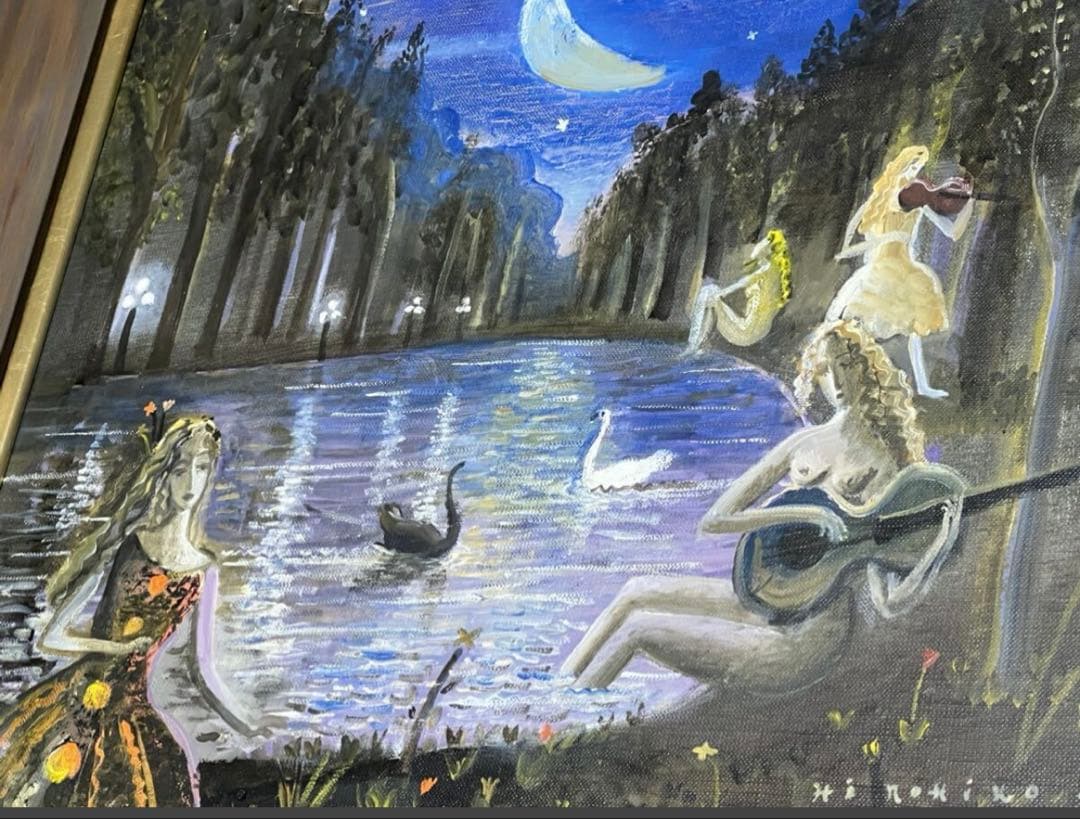 織田広比古 油彩 F10号 『星空と白鳥』 真作 共シール額装 直筆サインあり