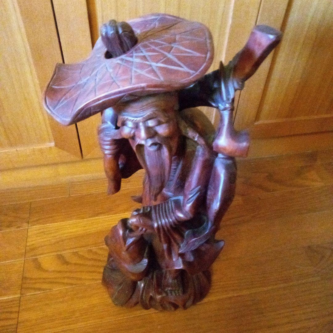 アンティーク木製老人像 大きな帽子と杖付き