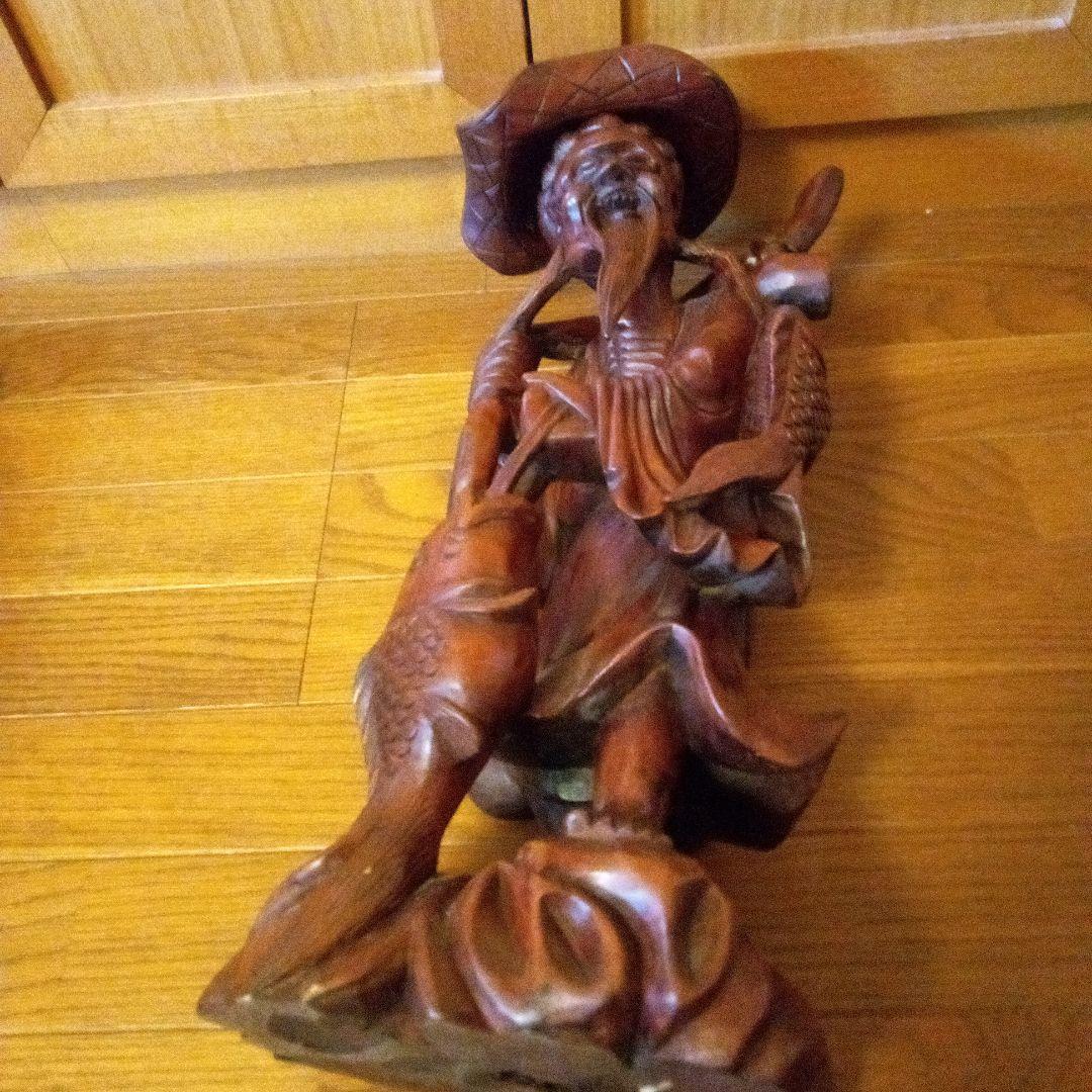 アンティーク木製老人像 大きな帽子と杖付き